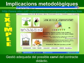 Implicacions metodològiques Gestió adequada del possible  canvi  del contracte didàctic. E X E M P L E http://www.xtec.cat/~nalart/coleccio/compostatge/index.htm 