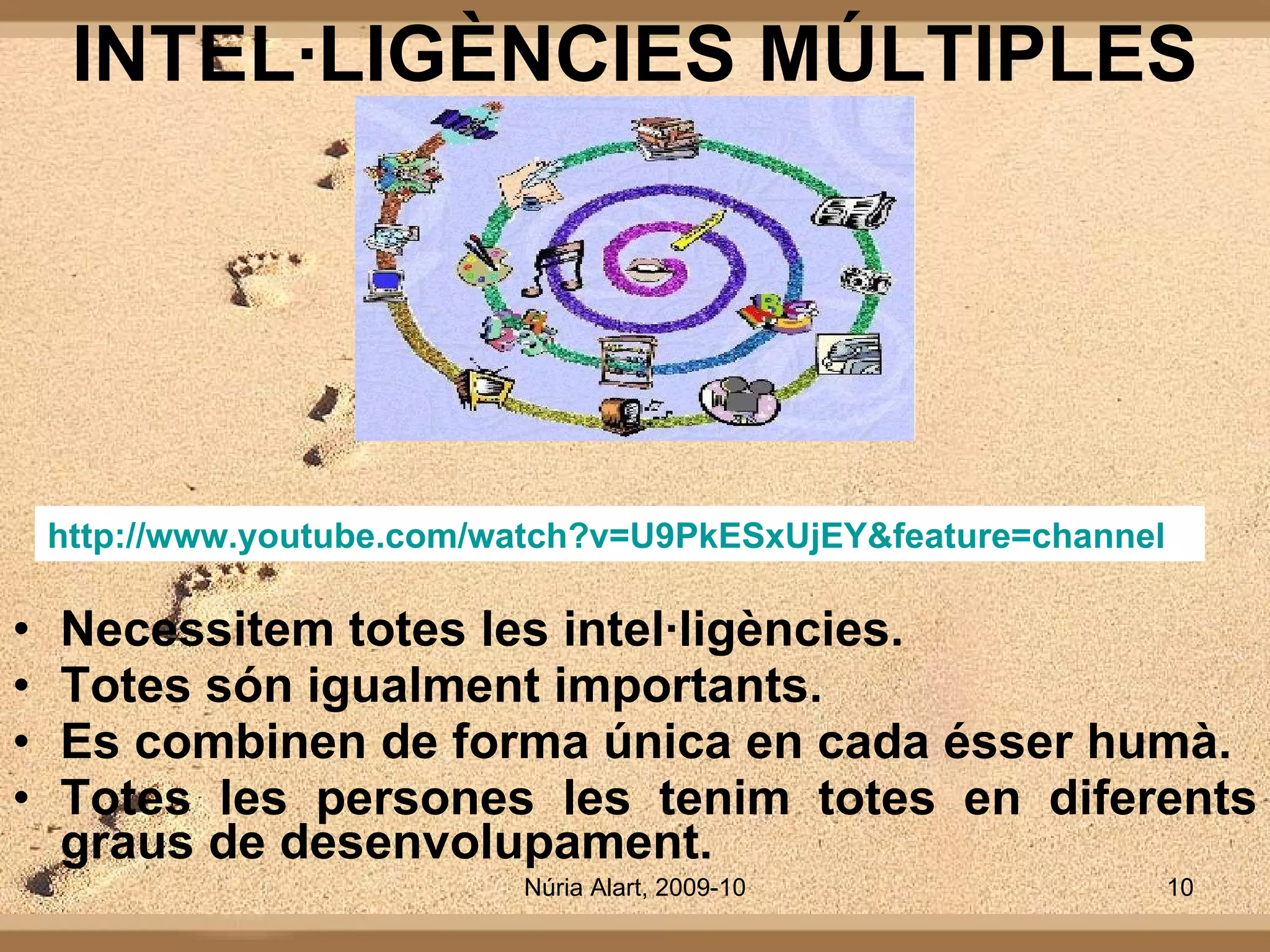 INTEL·LIGÈNCIES MÚLTIPLES Necessitem totes les intel·ligències. Totes són igualment importants. Es combinen de forma única en cada ésser humà. Totes les persones les tenim totes en diferents graus de desenvolupament. http:// www.youtube.com / watch?v = U9PkESxUjEY & feature = channel 