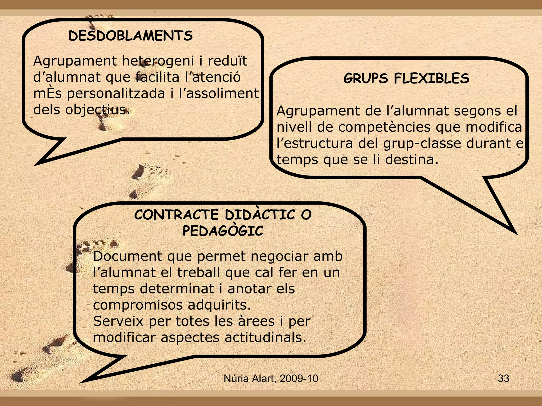 GRUPS FLEXIBLES Agrupament de l’alumnat segons el nivell de competències que modifica l’estructura del grup-classe durant el temps que se li destina. DESDOBLAMENTS Agrupament heterogeni i reduït  d’alumnat que facilita l’atenció més personalitzada i l’assoliment dels objectius. CONTRACTE DIDÀCTIC O PEDAGÒGIC Document que permet negociar amb l’alumnat el treball que cal fer en un temps determinat i anotar els compromisos adquirits. Serveix per totes les àrees i per modificar aspectes actitudinals. 