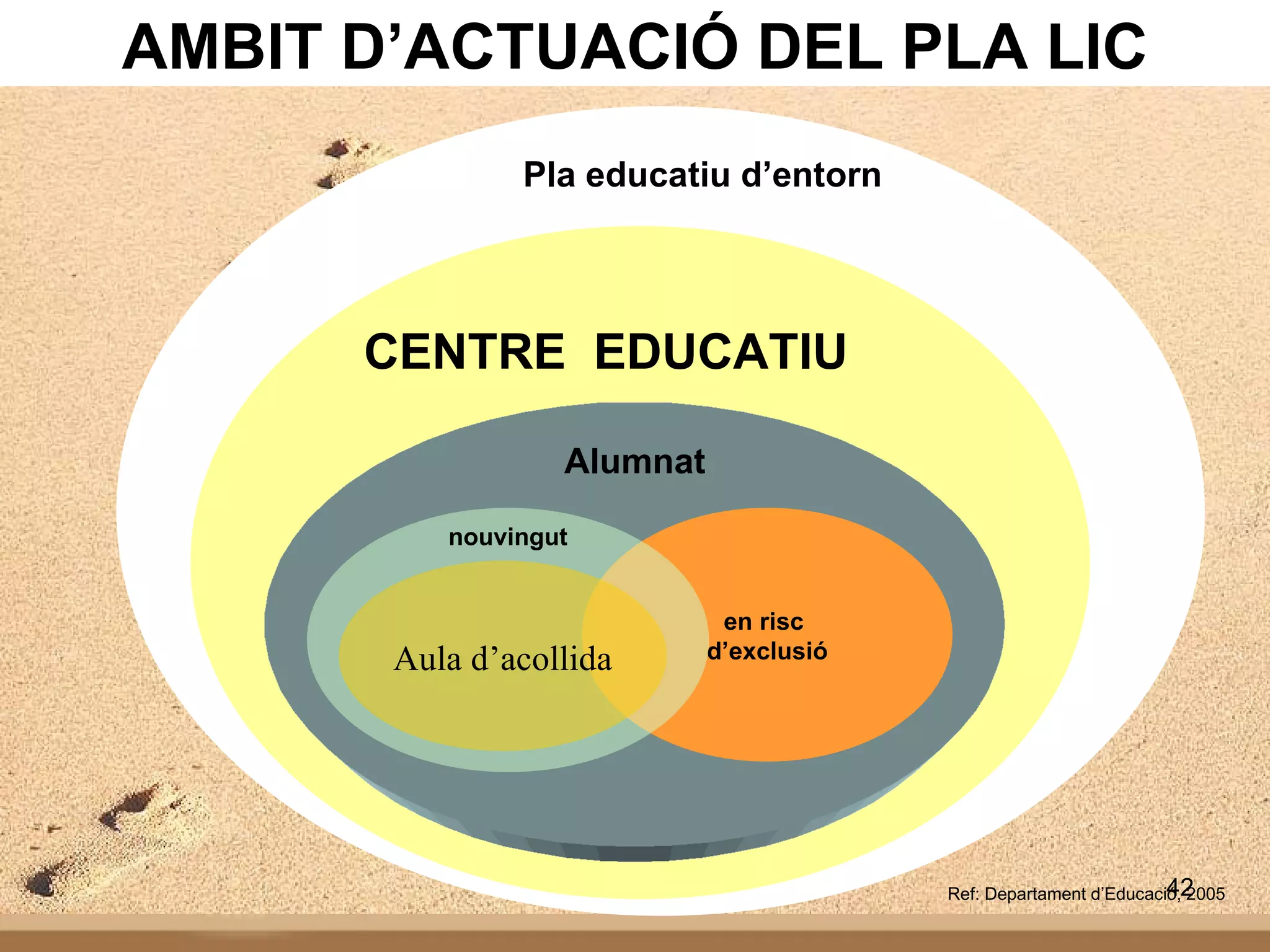 Pla educatiu d’entorn   CENTRE  EDUCATIU Alumnat en risc  d’exclusió nouvingut Aula d’acollida AMBIT D’ACTUACIÓ DEL PLA LIC Ref: Departament d’Educació, 2005 