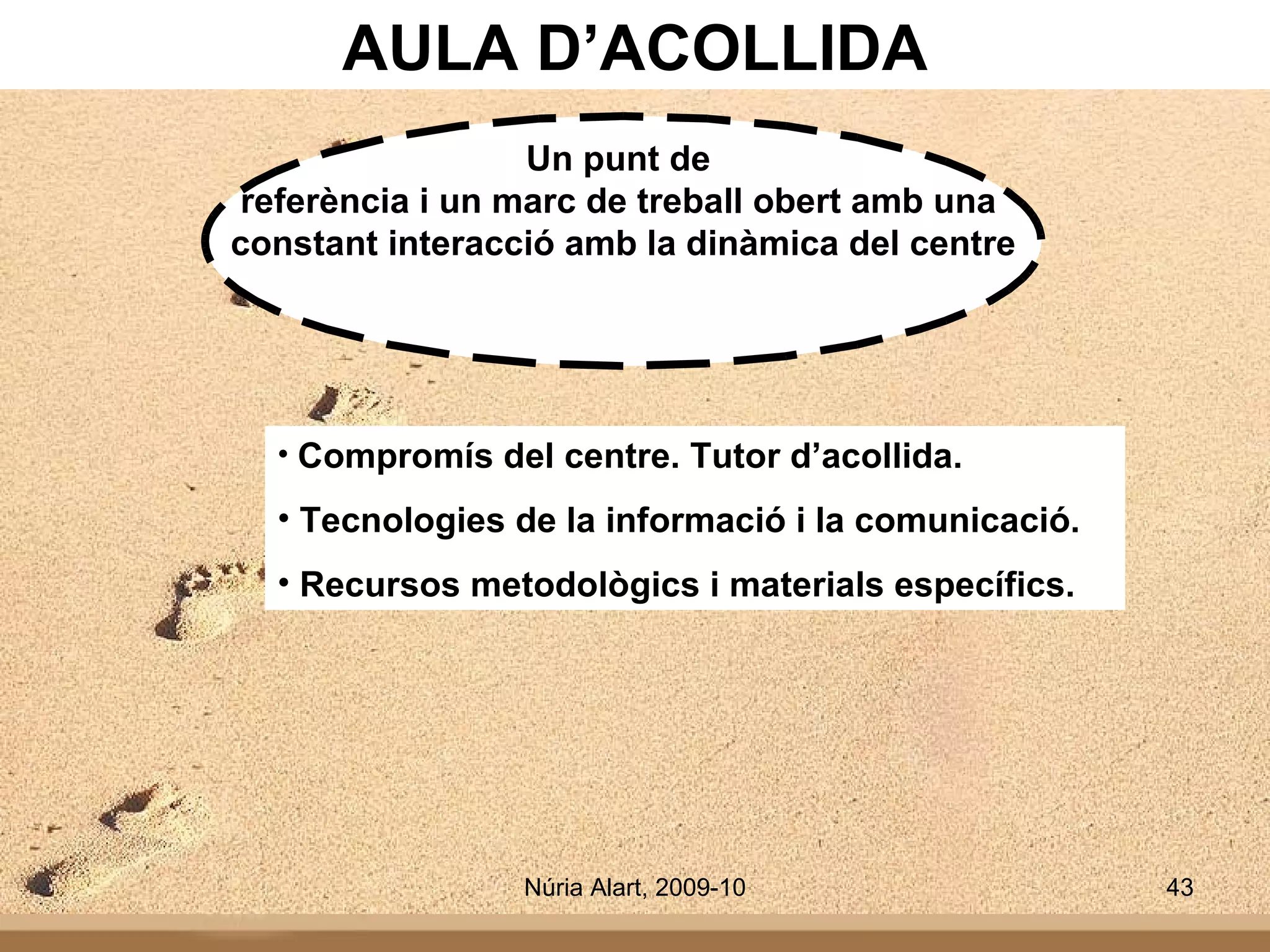Un punt de  referència i un marc de treball obert amb una  constant interacció amb la dinàmica del centre AULA D’ACOLLIDA Compromís del centre. Tutor d’acollida. Tecnologies de la informació i la comunicació. Recursos metodològics i materials específics. 