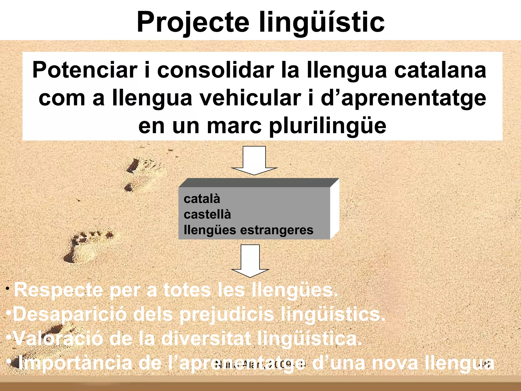 Projecte lingüístic Potenciar i consolidar la llengua catalana  com a llengua vehicular i d’aprenentatge en un marc plurilingüe Respecte per a totes les llengües. Desaparició dels prejudicis lingüístics. Valoració de la diversitat lingüística. Importància de l’aprenentatge d’una nova llengua català castellà llengües estrangeres   