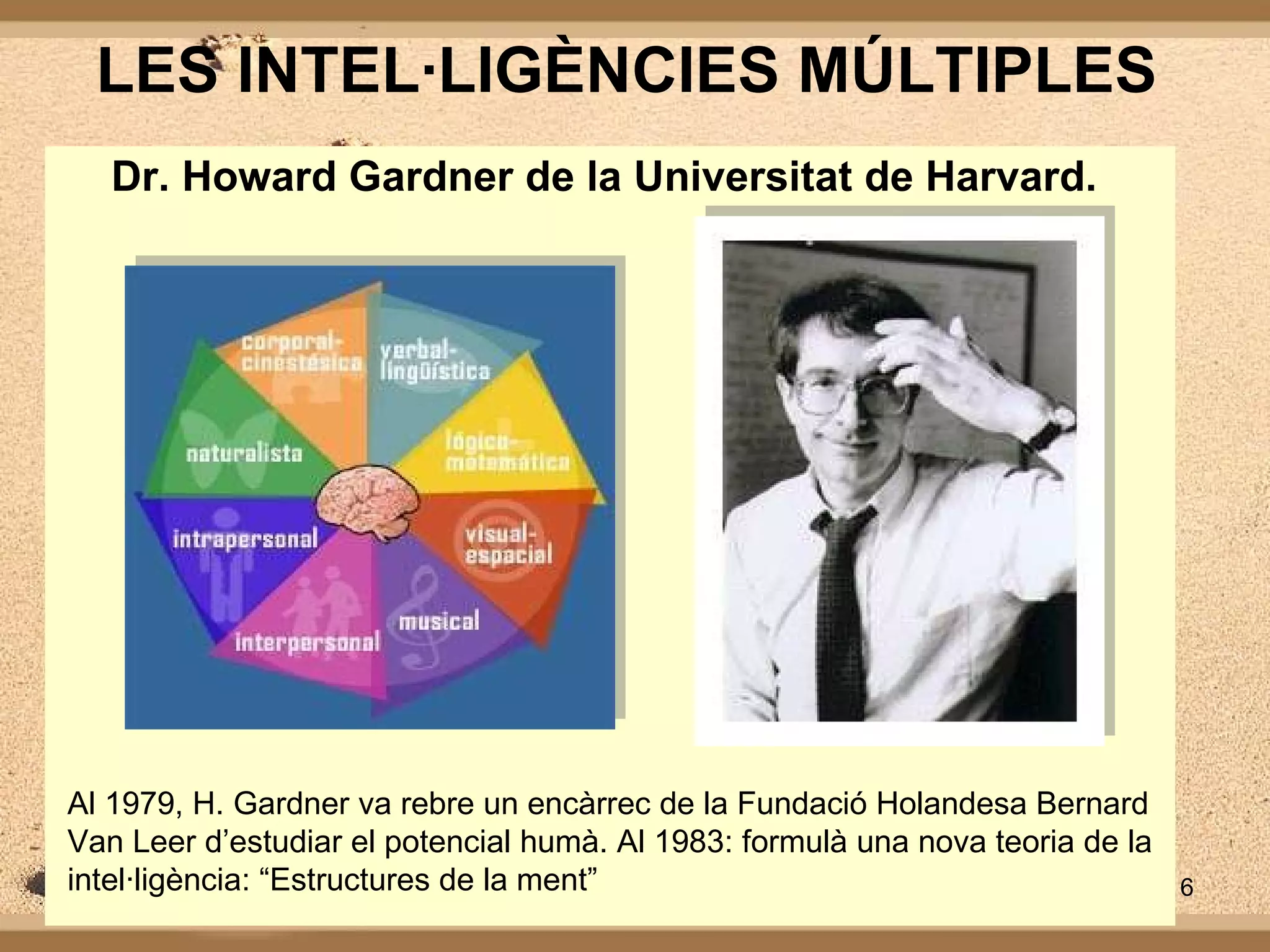 LES INTEL·LIGÈNCIES MÚLTIPLES Dr. Howard Gardner de la Universitat de Harvard.  Al 1979, H. Gardner va rebre un encàrrec de la Fundació Holandesa Bernard Van Leer d’estudiar el potencial humà. Al 1983: formulà una nova teoria de la intel·ligència: “Estructures de la ment”  