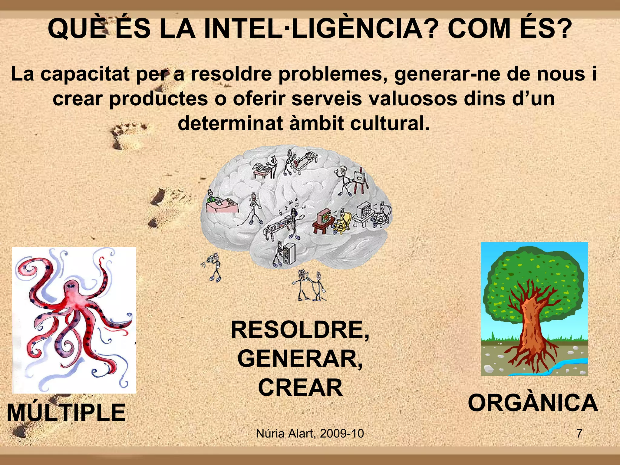 QUÈ ÉS LA INTEL·LIGÈNCIA? COM ÉS? MÚLTIPLE ORGÀNICA RESOLDRE, GENERAR, CREAR La capacitat per a resoldre problemes, generar-ne de nous i crear productes o oferir serveis valuosos dins d’un determinat àmbit cultural. 