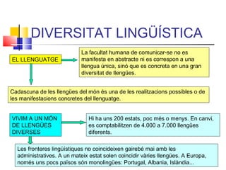 DIVERSITAT LINGÜÍSTICA
EL LLENGUATGE
La facultat humana de comunicar-se no es
manifesta en abstracte ni es correspon a una
llengua única, sinó que es concreta en una gran
diversitat de llengües.
Cadascuna de les llengües del món és una de les realitzacions possibles o de
les manifestacions concretes del llenguatge.
VIVIM A UN MÓN
DE LLENGÜES
DIVERSES
Hi ha uns 200 estats, poc més o menys. En canvi,
es comptabilitzen de 4.000 a 7.000 llengües
diferents.
Les fronteres lingüístiques no coincideixen gairebé mai amb les
administratives. A un mateix estat solen coincidir vàries llengües. A Europa,
només uns pocs països són monolingües: Portugal, Albania, Islàndia...
 