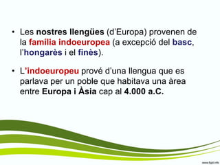 •Les nostres llengües (d’Europa) provenen de la família indoeuropea (a excepció del basc, l’hongarès i el finès). 
•L’indoeuropeu prové d’una llengua que es parlava per un poble que habitava una àrea entre Europa i Àsia cap al 4.000 a.C.  