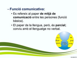–Funció comunicativa: 
•Es refereix al paper de mitjà de comunicació entre les persones (funció bàsica). 
•El paper de la llengua, però, és parcial; conviu amb el llenguatge no verbal. 
 