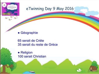 ● Géographie
65 serait de Crète
35 serait du reste de Grèce
● Religion
100 serait Christian
 