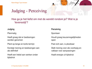 Judging - Perceiving  Hoe ga je het liefst om met de wereld rondom je? Wat is je ‘levensstijl’?  Judging  Planmatig  Heeft graag dat er beslissingen worden genomen Plant op lange en korte termijn Kondigt mening en beslissingen aan als definitief  Heeft een hekel aan werken onder tijdsdruk Perceiving Spontaan  Houdt graag keuzemogelijkheden open Past zich aan, is plooibaar Stelt mening voor als voorlopig en vatbaar voor aanpassingen  Haalt energie uit tijdsdruk 
