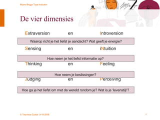 De vier dimensies  E xtraversion  en   I ntroversion S ensing  en  i N tuition T hinking  en  F eeling J udging  en  P erceiving Waarop richt je het liefst je aandacht? Wat geeft je energie? Hoe neem je het liefst informatie op?  Hoe neem je beslissingen?  Hoe ga je het liefst om met de wereld rondom je? Wat is je ‘levenstijl’?  