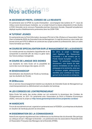 n ASCENSEUR PREPA, CORDEE DE LA REUSSITE
En partenariat avec la CPGE du Lycée Champollion : accompagner des lycéens de 1ère, issus de
milieux socio-économiques modestes, sur un projet incluant la classe préparatoire et des études
à l’ESC Grenoble via le concours Passerelle post-bac Ascension Sociale. Dispositif actuellement
déployé auprès d’établissements partenaires dans les DOM-TOM.


n TUTORAT JEUNES
En partenariat avec le Point Information Jeunesse (PIJ) de la Ville d’Eybens et l’association Savoir
Oser la Solidarité (SOS) de Grenoble Ecole de Management. Il s’agit de tutorat qui vise à aider des
jeunes suivis par le PIJ à réfléchir et construire leur projet scolaire et professionnel, dans un cadre
moins formalisé que l’école.


n COURS DE SPECIALISATION SUR LE MANAGEMENT DE LA DIVERSITE
Ce module permet aux étudiants d’appréhender et de          En 2012, le projet « Manage-
comprendre la diversité afin de mieux la gérer dans         ment Egalitaire des Ressources
leur future pratique managériale.                           Humaines » a été soutenu par le
                                                            Fonds Social Européen : 1 an, 5
n COURS DE LANGUE DES SIGNES                                étapes, 14 personnes impliquées
Les étudiants de notre Ecole ont la possibilité de          directement, une dizaine de réali-
suivre des cours de langue des signes, en LV3.              sations immédiates en lien avec la
                                                            pédagogie et la recherche, ainsi que
n SENSIHANDICAP                                             4 nouveaux projets pédagogiques
                                                            identifiés pour contribuer au mana-
Sensibilisation des étudiants de l’Ecole au handicap,
                                                            gement de la diversité en entreprise.
(par les étudiants de l’Ecole).


n GEMaccess
Est un service d’accompagnement destiné aux étudiants de Grenoble Ecole de Management qui
vivent temporairement ou définitivement une situation de handicap.


n LES CORDEES DE L’ENTREPRENEURIAT
Notre Ecole fait partie des écoles pilotes qui ont enclenché la dynamique des Cordées de
l’Entrepreneuriat, en 2011. En partenariat avec l’Association du Droit à l’Initiative Economique
(ADIE), retrouvez le projet sur http://www.gementreprendre.fr/nos-projets/les-cordees/


n HANDICAFE
Forum de recrutement annuel, organisé en partenariat avec la FEDEEH, où entreprises et étudiants
en situation de handicap peuvent se rencontrer.


n DISSEMINATION DE LA CONNAISSANCE
Notre Ecole organise régulièrement des conférences sur les thèmes liés à la diversité. Elle participe
au colloque annuel « Manager la Diversité », en partenariat avec les associations Passerelle ESC
et l’Association Française des Managers de la Diversité (AFMD).
 