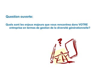 Question ouverte:

Quels sont les enjeux majeurs que vous rencontrez dans VOTRE
  entreprise en termes de gestion de la diversité générationnelle?
 