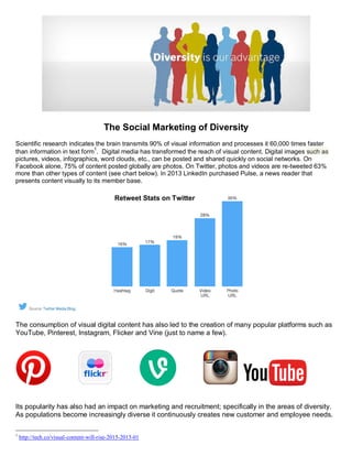 The Social Marketing of Diversity
Scientific research indicates the brain transmits 90% of visual information and processes it 60,000 times faster
than information in text form
1
. Digital media has transformed the reach of visual content. Digital images such as
pictures, videos, infographics, word clouds, etc., can be posted and shared quickly on social networks. On
Facebook alone, 75% of content posted globally are photos. On Twitter, photos and videos are re-tweeted 63%
more than other types of content (see chart below). In 2013 LinkedIn purchased Pulse, a news reader that
presents content visually to its member base.
The consumption of visual digital content has also led to the creation of many popular platforms such as
YouTube, Pinterest, Instagram, Flicker and Vine (just to name a few).
Its popularity has also had an impact on marketing and recruitment; specifically in the areas of diversity.
As populations become increasingly diverse it continuously creates new customer and employee needs.
1
http://tech.co/visual-content-will-rise-2015-2015-01
Retweet Stats on Twitter
 