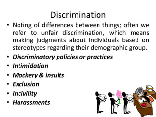 • Noting of differences between things; often we
refer to unfair discrimination, which means
making judgments about individuals based on
stereotypes regarding their demographic group.
• Discriminatory policies or practices
• Intimidation
• Mockery & insults
• Exclusion
• Incivility
• Harassments
Discrimination
2-4
 