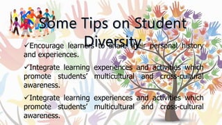 Diversify your methods of assessing and evaluating
student learning.
Purposely, from small-discussion groups of students...
