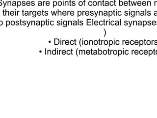 Diversity of synaptic signaling among individual cortical neurons Synapses are points of contact between nerve cells and their targets where presynaptic signals are converted into postsynaptic signals Electrical synapses (gap junctions) ) • Direct (ionotropic receptors) • Indirect (metabotropic receptors) 