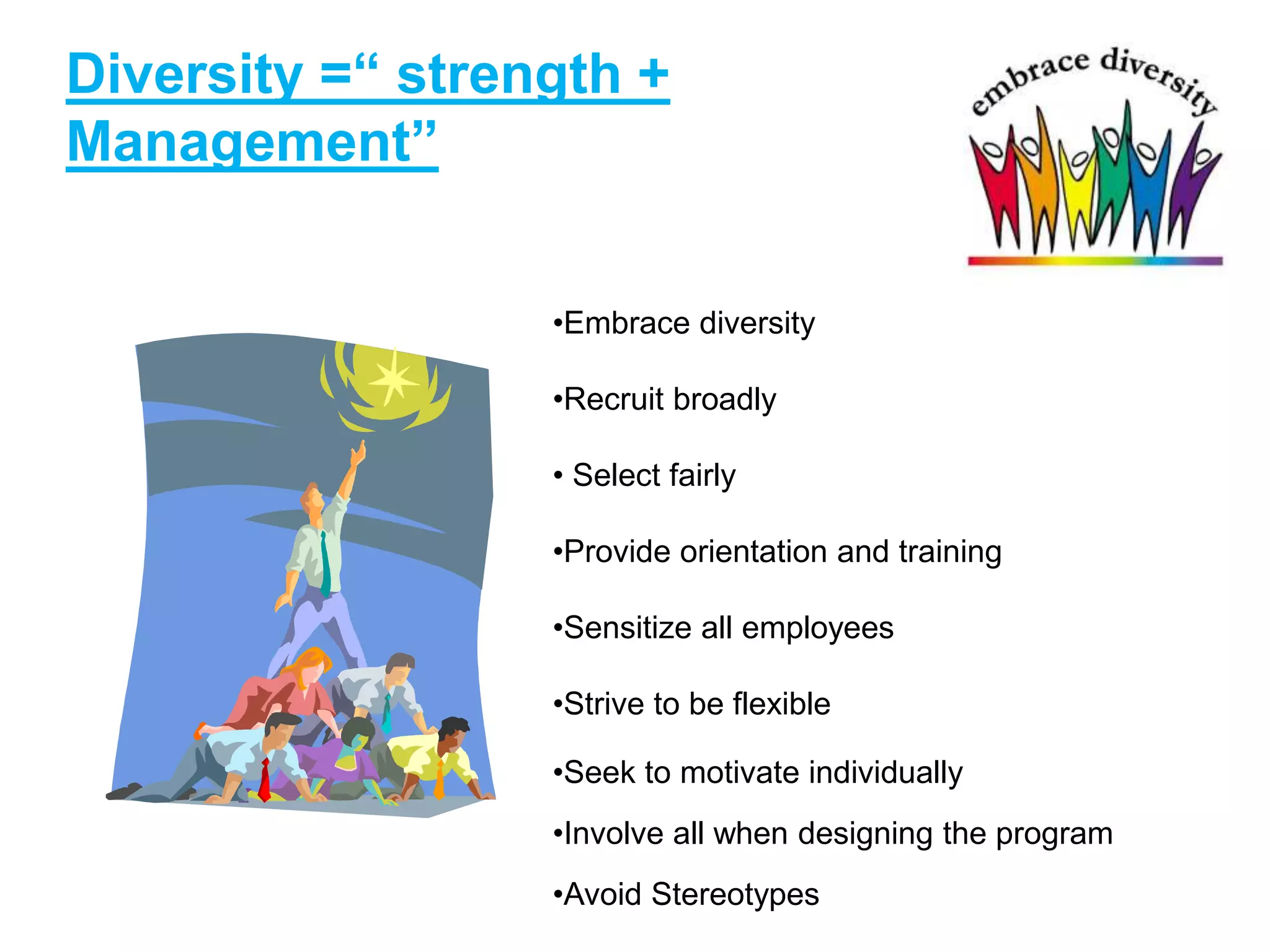 Diversity =“ strength +
Management”
•Embrace diversity
•Recruit broadly
• Select fairly
•Provide orientation and training
•Sensitize all employees
•Strive to be flexible
•Seek to motivate individually
•Involve all when designing the program
•Avoid Stereotypes
 
