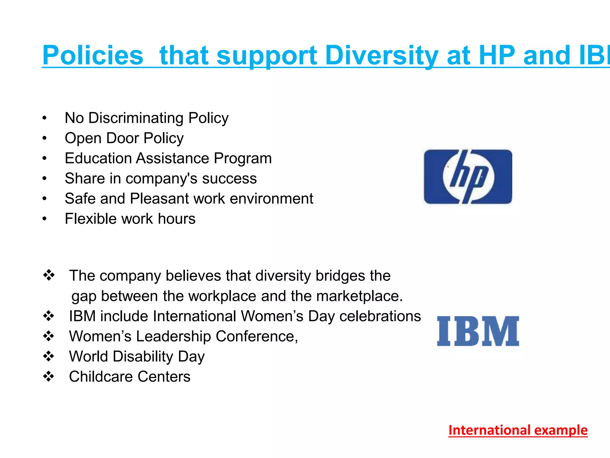 • No Discriminating Policy
• Open Door Policy
• Education Assistance Program
• Share in company's success
• Safe and Pleasant work environment
• Flexible work hours
 The company believes that diversity bridges the
gap between the workplace and the marketplace.
 IBM include International Women’s Day celebrations
 Women’s Leadership Conference,
 World Disability Day
 Childcare Centers
International example
Policies that support Diversity at HP and IBM
 