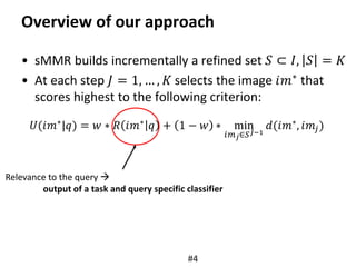Overview of our approach
• sMMR builds incrementally a refined set 𝑆 ⊂ 𝐼, 𝑆 = 𝐾
• At each step 𝐽 = 1, … , 𝐾 selects the image 𝑖𝑚∗ that
scores highest to the following criterion:
#4
𝑈(𝑖𝑚∗
|𝑞) = 𝑤 ∗ 𝑅 𝑖𝑚∗
𝑞 + 1 − 𝑤 ∗ min
𝑖𝑚 𝑗∈𝑆 𝐽−1
𝑑(𝑖𝑚∗
, 𝑖𝑚𝑗)
Relevance to the query 
output of a task and query specific classifier
 
