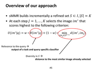 Overview of our approach
• sMMR builds incrementally a refined set 𝑆 ⊂ 𝐼, 𝑆 = 𝐾
• At each step 𝐽 = 1, … , 𝐾 selects the image 𝑖𝑚∗ that
scores highest to the following criterion:
#5
𝑈(𝑖𝑚∗
|𝑞) = 𝑤 ∗ 𝑅 𝑖𝑚∗
𝑞 + 1 − 𝑤 ∗ min
𝑖𝑚 𝑗∈𝑆 𝐽−1
𝑑(𝑖𝑚∗
, 𝑖𝑚𝑗)
Relevance to the query 
output of a task and query specific classifier
Diversity in 𝑆 
distance to the most similar image already selected
 