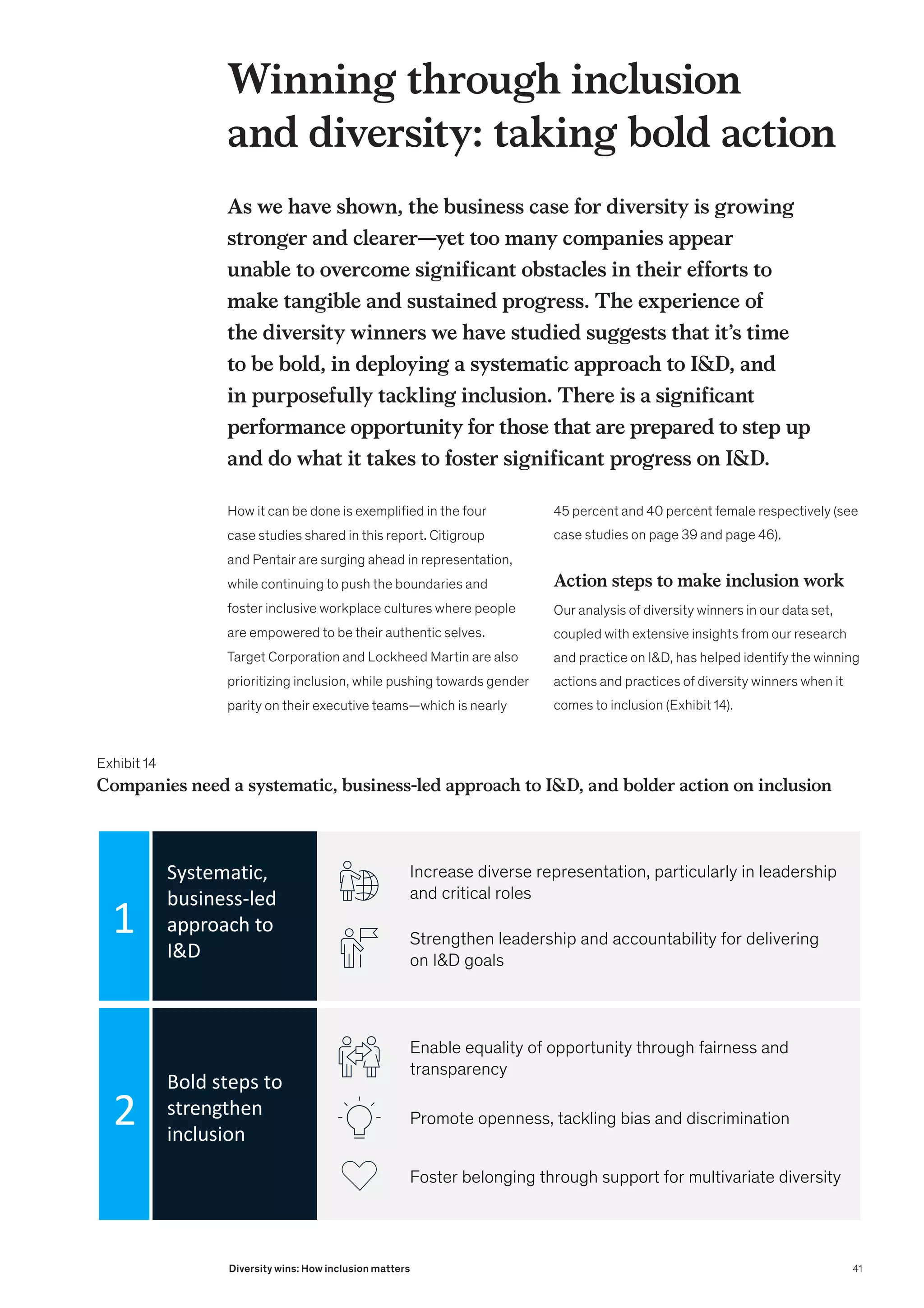 Winning through inclusion
and diversity: taking bold action
As we have shown, the business case for diversity is growing
stronger and clearer—yet too many companies appear
unable to overcome significant obstacles in their efforts to
make tangible and sustained progress. The experience of
the diversity winners we have studied suggests that it’s time
to be bold, in deploying a systematic approach to ID, and
in purposefully tackling inclusion. There is a significant
performance opportunity for those that are prepared to step up
and do what it takes to foster significant progress on ID.
How it can be done is exemplified in the four
case studies shared in this report. Citigroup
and Pentair are surging ahead in representation,
while continuing to push the boundaries and
foster inclusive workplace cultures where people
are empowered to be their authentic selves.
Target Corporation and Lockheed Martin are also
prioritizing inclusion, while pushing towards gender
parity on their executive teams—which is nearly
45 percent and 40 percent female respectively (see
case studies on page 39 and page 46).
Action steps to make inclusion work
Our analysis of diversity winners in our data set,
coupled with extensive insights from our research
and practice on ID, has helped identify the winning
actions and practices of diversity winners when it
comes to inclusion (Exhibit 14).
Exhibit 14
Companies need a systematic, business-led approach to ID, and bolder action on inclusion
Companies need a systematic, business-led approach to ID, and bolder action on inclusion
Strengthen leadership and accountability for delivering
on ID goals
Enable equality of opportunity through fairness and
transparency
Increase diverse representation, particularly in leadership
and critical roles
Promote openness, tackling bias and discrimination
Foster belonging through support for multivariate diversity
1
2
Systematic,
business-led
approach to
ID
Bold steps to
strengthen
inclusion
41
Diversity wins: How inclusion matters
 