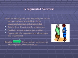 6. Segmented Networks
People of similar gender, race, nationality, etc. tend to
interact more on a personal basis. In an
organization, this may be harmful in that:
 Benefits from diversity may be undermined.
 Familiarity with other employees is stifled.
 Opportunities for networking and advancement
may be dampened.
Solution Change culture, use teams, put
different people on committees, etc.
 