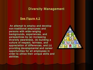 Diversity ManagementDiversity Management
See Figure 4.2
An attempt to employ and develop
non-traditional employees and
persons with wide-ranging
backgrounds, experiences, and
perspectives by (a) increasing
diversity awareness, (b) building a
culture of respect, fairness, and
appreciation of differences, and (c)
providing developmental and career
opportunities for all employees in
order to utilize their unique skills and
abilities.
 