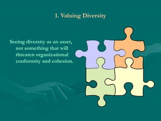 1. Valuing Diversity
Seeing diversity as an asset,
not something that will
threaten organizational
conformity and cohesion.
 