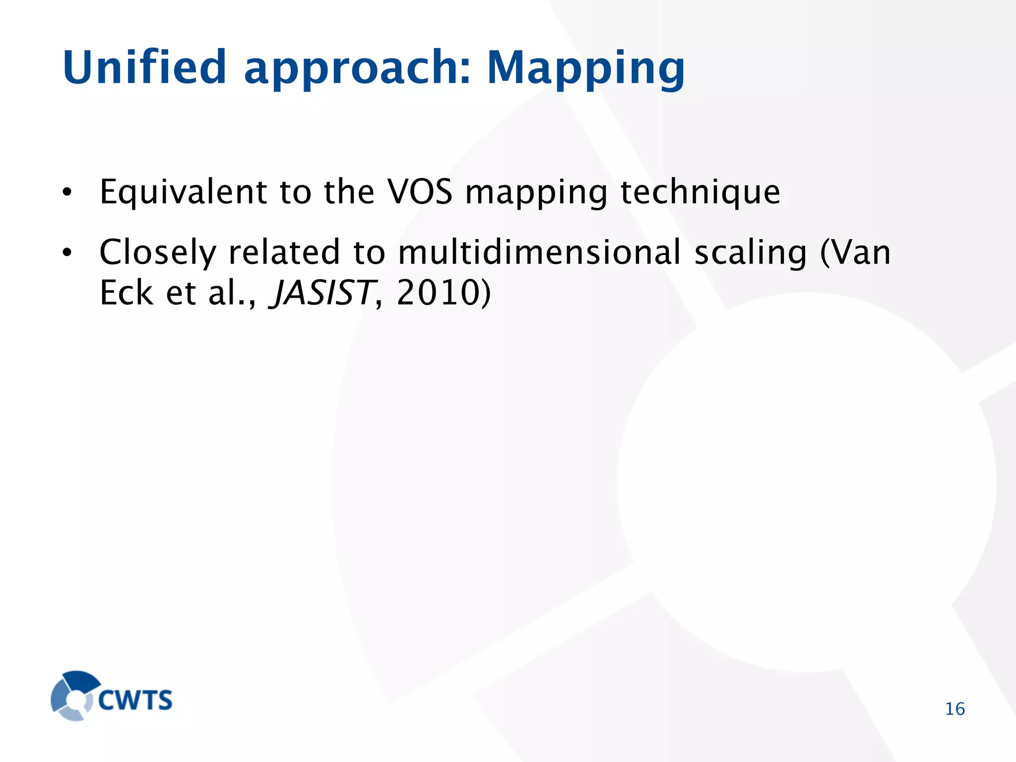 Unified approach: Mapping
• Equivalent to the VOS mapping technique
• Closely related to multidimensional scaling (Van Eck et
al., JASIST, 2010)

16

 