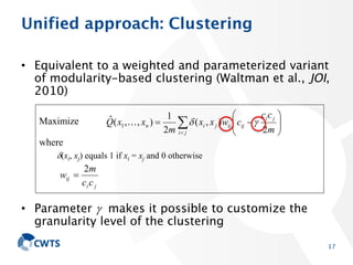 Unified approach: Clustering
• Equivalent to a weighted and parameterized variant of
modularity-based clustering (Waltman ...