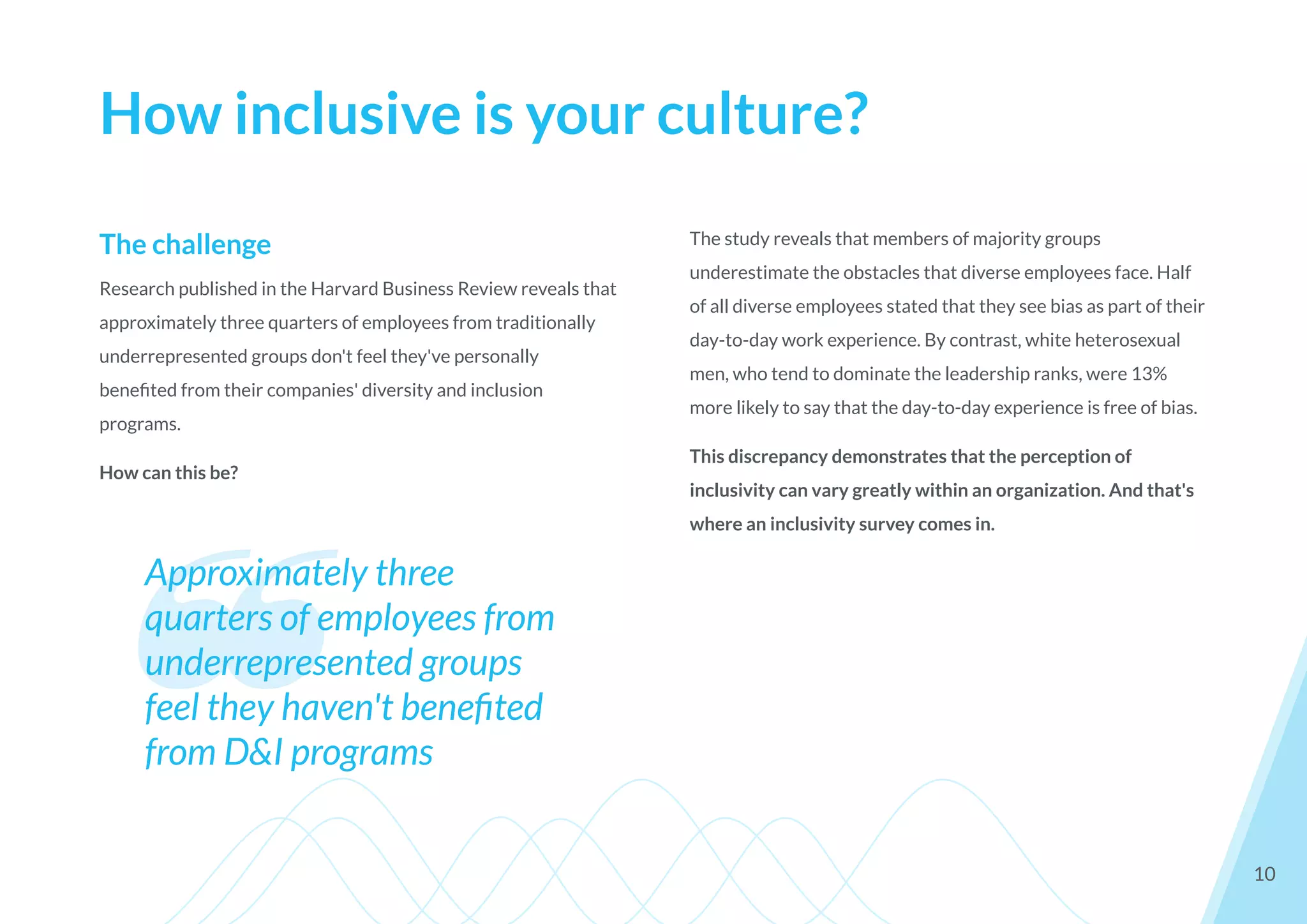 The challenge
Research published in the Harvard Business Review reveals that
approximately three quarters of employees from traditionally
underrepresented groups don't feel they've personally
beneﬁted from their companies' diversity and inclusion
programs.
How can this be?
How inclusive is your culture?
10
The study reveals that members of majority groups
underestimate the obstacles that diverse employees face. Half
of all diverse employees stated that they see bias as part of their
day-to-day work experience. By contrast, white heterosexual
men, who tend to dominate the leadership ranks, were 13%
more likely to say that the day-to-day experience is free of bias.
This discrepancy demonstrates that the perception of
inclusivity can vary greatly within an organization. And that's
where an inclusivity survey comes in.
❝
Approximately three
quarters of employees from
underrepresented groups
feel they haven't beneﬁted
from D&I programs
 