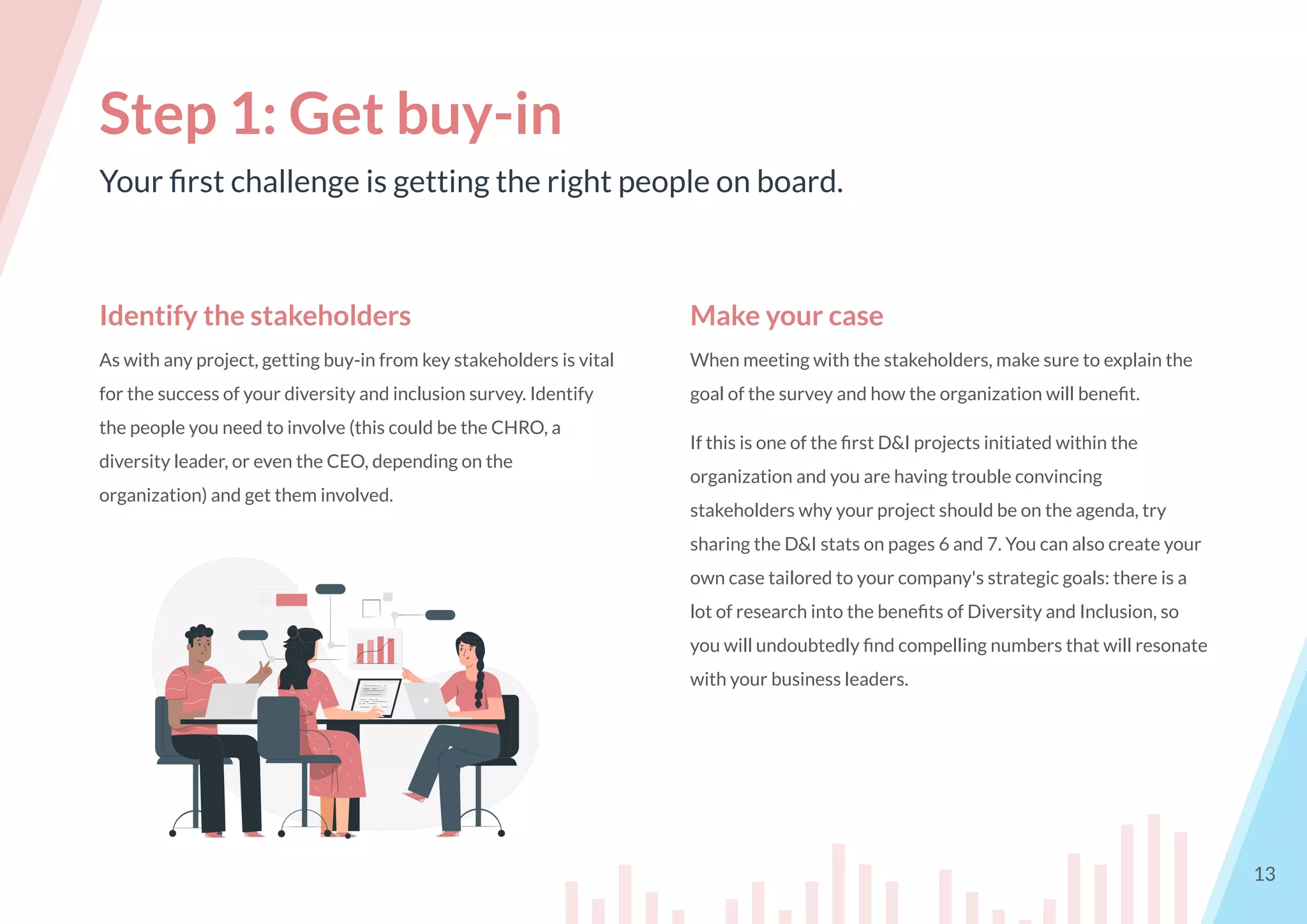 Your ﬁrst challenge is getting the right people on board.
Step 1: Get buy-in
13
Identify the stakeholders
As with any project, getting buy-in from key stakeholders is vital
for the success of your diversity and inclusion survey. Identify
the people you need to involve (this could be the CHRO, a
diversity leader, or even the CEO, depending on the
organization) and get them involved.
Make your case
When meeting with the stakeholders, make sure to explain the
goal of the survey and how the organization will beneﬁt.
If this is one of the ﬁrst D&I projects initiated within the
organization and you are having trouble convincing
stakeholders why your project should be on the agenda, try
sharing the D&I stats on pages 6 and 7. You can also create your
own case tailored to your company's strategic goals: there is a
lot of research into the beneﬁts of Diversity and Inclusion, so
you will undoubtedly ﬁnd compelling numbers that will resonate
with your business leaders.
 