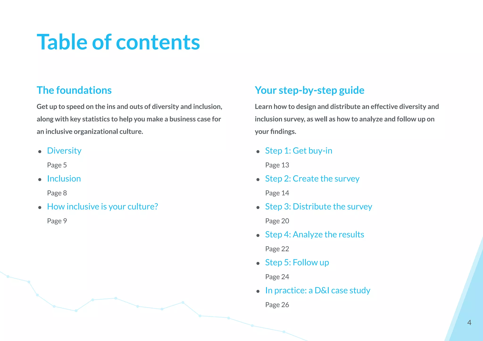 Table of contents
The foundations
Get up to speed on the ins and outs of diversity and inclusion,
along with key statistics to help you make a business case for
an inclusive organizational culture.
● Diversity
Page 5
● Inclusion
Page 8
● How inclusive is your culture?
Page 9
4
Your step-by-step guide
Learn how to design and distribute an effective diversity and
inclusion survey, as well as how to analyze and follow up on
your ﬁndings.
● Step 1: Get buy-in
Page 13
● Step 2: Create the survey
Page 14
● Step 3: Distribute the survey
Page 20
● Step 4: Analyze the results
Page 22
● Step 5: Follow up
Page 24
● In practice: a D&I case study
Page 26
 