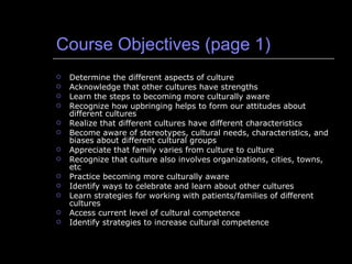 Course Objectives (page 1) Determine the different aspects of culture Acknowledge that other cultures have strengths Learn the steps to becoming more culturally aware Recognize how upbringing helps to form our attitudes about different cultures Realize that different cultures have different characteristics Become aware of stereotypes, cultural needs, characteristics, and biases about different cultural groups Appreciate that family varies from culture to culture Recognize that culture also involves organizations, cities, towns, etc Practice becoming more culturally aware Identify ways to celebrate and learn about other cultures Learn strategies for working with patients/families of different cultures Access current level of cultural competence Identify strategies to increase cultural competence 