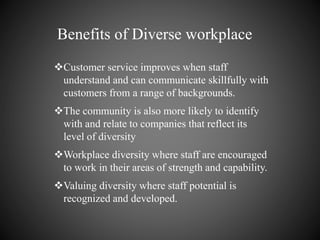 Benefits of Diverse workplace
Customer service improves when staff
understand and can communicate skillfully with
customers from a range of backgrounds.
The community is also more likely to identify
with and relate to companies that reflect its
level of diversity
Workplace diversity where staff are encouraged
to work in their areas of strength and capability.
Valuing diversity where staff potential is
recognized and developed.
 