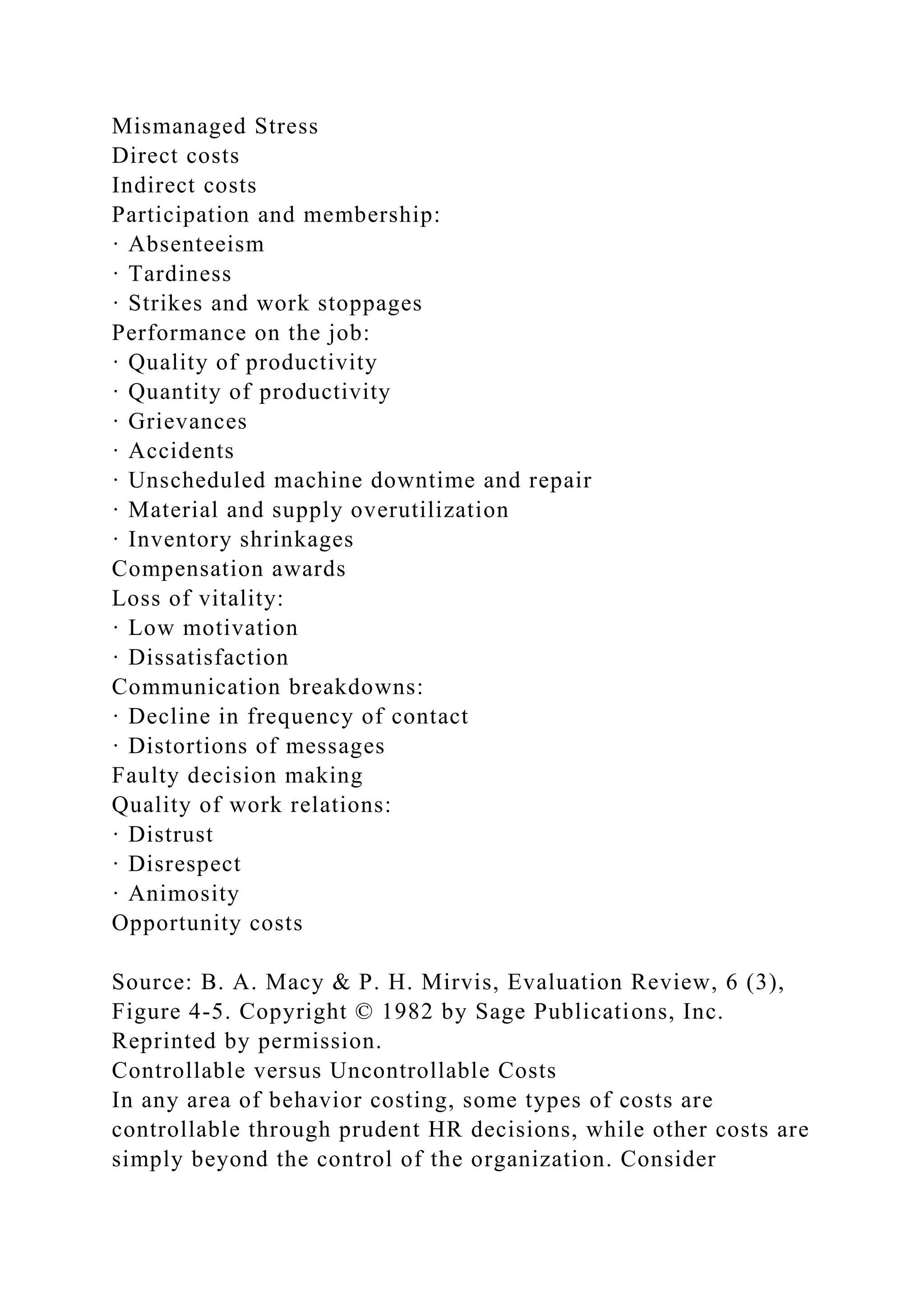 Mismanaged Stress
Direct costs
Indirect costs
Participation and membership:
· Absenteeism
· Tardiness
· Strikes and work stoppages
Performance on the job:
· Quality of productivity
· Quantity of productivity
· Grievances
· Accidents
· Unscheduled machine downtime and repair
· Material and supply overutilization
· Inventory shrinkages
Compensation awards
Loss of vitality:
· Low motivation
· Dissatisfaction
Communication breakdowns:
· Decline in frequency of contact
· Distortions of messages
Faulty decision making
Quality of work relations:
· Distrust
· Disrespect
· Animosity
Opportunity costs
Source: B. A. Macy & P. H. Mirvis, Evaluation Review, 6 (3),
Figure 4-5. Copyright © 1982 by Sage Publications, Inc.
Reprinted by permission.
Controllable versus Uncontrollable Costs
In any area of behavior costing, some types of costs are
controllable through prudent HR decisions, while other costs are
simply beyond the control of the organization. Consider
 