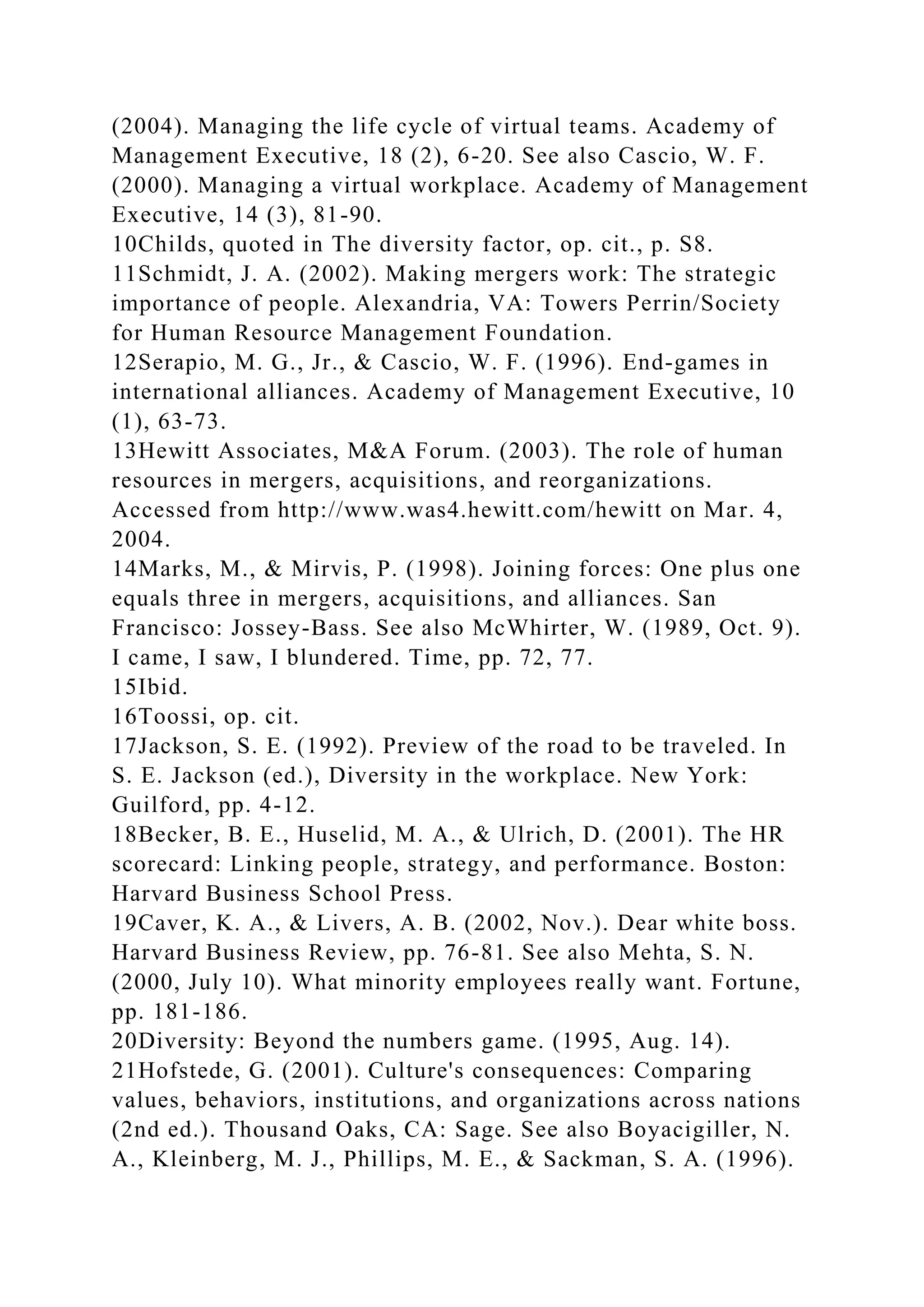 (2004). Managing the life cycle of virtual teams. Academy of
Management Executive, 18 (2), 6-20. See also Cascio, W. F.
(2000). Managing a virtual workplace. Academy of Management
Executive, 14 (3), 81-90.
10Childs, quoted in The diversity factor, op. cit., p. S8.
11Schmidt, J. A. (2002). Making mergers work: The strategic
importance of people. Alexandria, VA: Towers Perrin/Society
for Human Resource Management Foundation.
12Serapio, M. G., Jr., & Cascio, W. F. (1996). End-games in
international alliances. Academy of Management Executive, 10
(1), 63-73.
13Hewitt Associates, M&A Forum. (2003). The role of human
resources in mergers, acquisitions, and reorganizations.
Accessed from http://www.was4.hewitt.com/hewitt on Mar. 4,
2004.
14Marks, M., & Mirvis, P. (1998). Joining forces: One plus one
equals three in mergers, acquisitions, and alliances. San
Francisco: Jossey-Bass. See also McWhirter, W. (1989, Oct. 9).
I came, I saw, I blundered. Time, pp. 72, 77.
15Ibid.
16Toossi, op. cit.
17Jackson, S. E. (1992). Preview of the road to be traveled. In
S. E. Jackson (ed.), Diversity in the workplace. New York:
Guilford, pp. 4-12.
18Becker, B. E., Huselid, M. A., & Ulrich, D. (2001). The HR
scorecard: Linking people, strategy, and performance. Boston:
Harvard Business School Press.
19Caver, K. A., & Livers, A. B. (2002, Nov.). Dear white boss.
Harvard Business Review, pp. 76-81. See also Mehta, S. N.
(2000, July 10). What minority employees really want. Fortune,
pp. 181-186.
20Diversity: Beyond the numbers game. (1995, Aug. 14).
21Hofstede, G. (2001). Culture's consequences: Comparing
values, behaviors, institutions, and organizations across nations
(2nd ed.). Thousand Oaks, CA: Sage. See also Boyacigiller, N.
A., Kleinberg, M. J., Phillips, M. E., & Sackman, S. A. (1996).
 