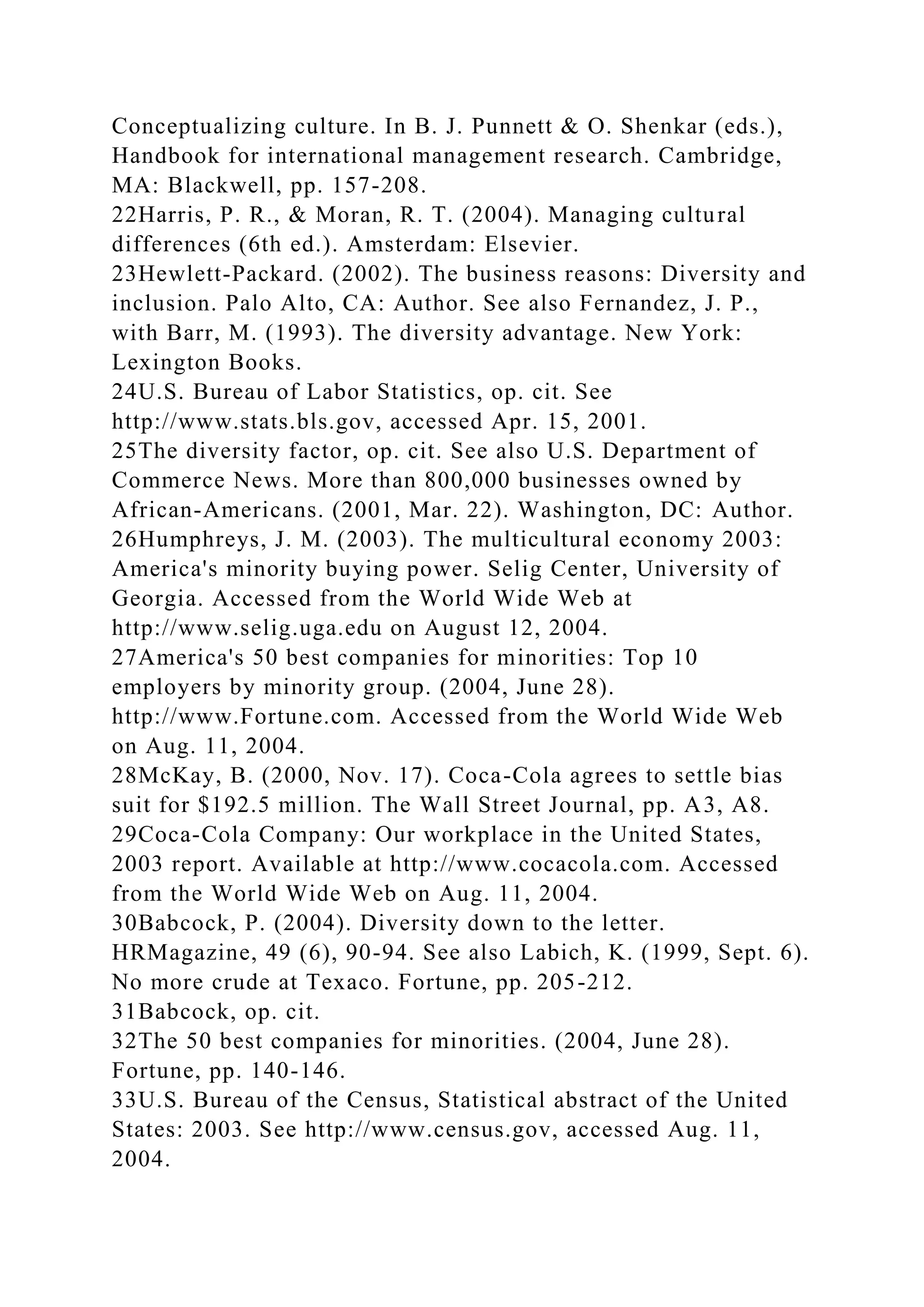Conceptualizing culture. In B. J. Punnett & O. Shenkar (eds.),
Handbook for international management research. Cambridge,
MA: Blackwell, pp. 157-208.
22Harris, P. R., & Moran, R. T. (2004). Managing cultural
differences (6th ed.). Amsterdam: Elsevier.
23Hewlett-Packard. (2002). The business reasons: Diversity and
inclusion. Palo Alto, CA: Author. See also Fernandez, J. P.,
with Barr, M. (1993). The diversity advantage. New York:
Lexington Books.
24U.S. Bureau of Labor Statistics, op. cit. See
http://www.stats.bls.gov, accessed Apr. 15, 2001.
25The diversity factor, op. cit. See also U.S. Department of
Commerce News. More than 800,000 businesses owned by
African-Americans. (2001, Mar. 22). Washington, DC: Author.
26Humphreys, J. M. (2003). The multicultural economy 2003:
America's minority buying power. Selig Center, University of
Georgia. Accessed from the World Wide Web at
http://www.selig.uga.edu on August 12, 2004.
27America's 50 best companies for minorities: Top 10
employers by minority group. (2004, June 28).
http://www.Fortune.com. Accessed from the World Wide Web
on Aug. 11, 2004.
28McKay, B. (2000, Nov. 17). Coca-Cola agrees to settle bias
suit for $192.5 million. The Wall Street Journal, pp. A3, A8.
29Coca-Cola Company: Our workplace in the United States,
2003 report. Available at http://www.cocacola.com. Accessed
from the World Wide Web on Aug. 11, 2004.
30Babcock, P. (2004). Diversity down to the letter.
HRMagazine, 49 (6), 90-94. See also Labich, K. (1999, Sept. 6).
No more crude at Texaco. Fortune, pp. 205-212.
31Babcock, op. cit.
32The 50 best companies for minorities. (2004, June 28).
Fortune, pp. 140-146.
33U.S. Bureau of the Census, Statistical abstract of the United
States: 2003. See http://www.census.gov, accessed Aug. 11,
2004.
 