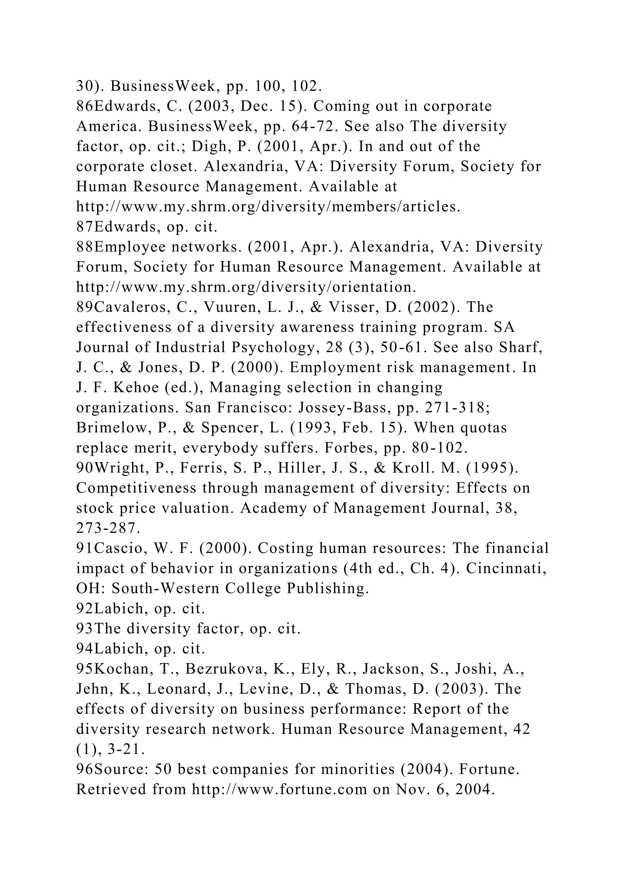 30). BusinessWeek, pp. 100, 102.
86Edwards, C. (2003, Dec. 15). Coming out in corporate
America. BusinessWeek, pp. 64-72. See also The diversity
factor, op. cit.; Digh, P. (2001, Apr.). In and out of the
corporate closet. Alexandria, VA: Diversity Forum, Society for
Human Resource Management. Available at
http://www.my.shrm.org/diversity/members/articles.
87Edwards, op. cit.
88Employee networks. (2001, Apr.). Alexandria, VA: Diversity
Forum, Society for Human Resource Management. Available at
http://www.my.shrm.org/diversity/orientation.
89Cavaleros, C., Vuuren, L. J., & Visser, D. (2002). The
effectiveness of a diversity awareness training program. SA
Journal of Industrial Psychology, 28 (3), 50-61. See also Sharf,
J. C., & Jones, D. P. (2000). Employment risk management. In
J. F. Kehoe (ed.), Managing selection in changing
organizations. San Francisco: Jossey-Bass, pp. 271-318;
Brimelow, P., & Spencer, L. (1993, Feb. 15). When quotas
replace merit, everybody suffers. Forbes, pp. 80-102.
90Wright, P., Ferris, S. P., Hiller, J. S., & Kroll. M. (1995).
Competitiveness through management of diversity: Effects on
stock price valuation. Academy of Management Journal, 38,
273-287.
91Cascio, W. F. (2000). Costing human resources: The financial
impact of behavior in organizations (4th ed., Ch. 4). Cincinnati,
OH: South-Western College Publishing.
92Labich, op. cit.
93The diversity factor, op. cit.
94Labich, op. cit.
95Kochan, T., Bezrukova, K., Ely, R., Jackson, S., Joshi, A.,
Jehn, K., Leonard, J., Levine, D., & Thomas, D. (2003). The
effects of diversity on business performance: Report of the
diversity research network. Human Resource Management, 42
(1), 3-21.
96Source: 50 best companies for minorities (2004). Fortune.
Retrieved from http://www.fortune.com on Nov. 6, 2004.
 
