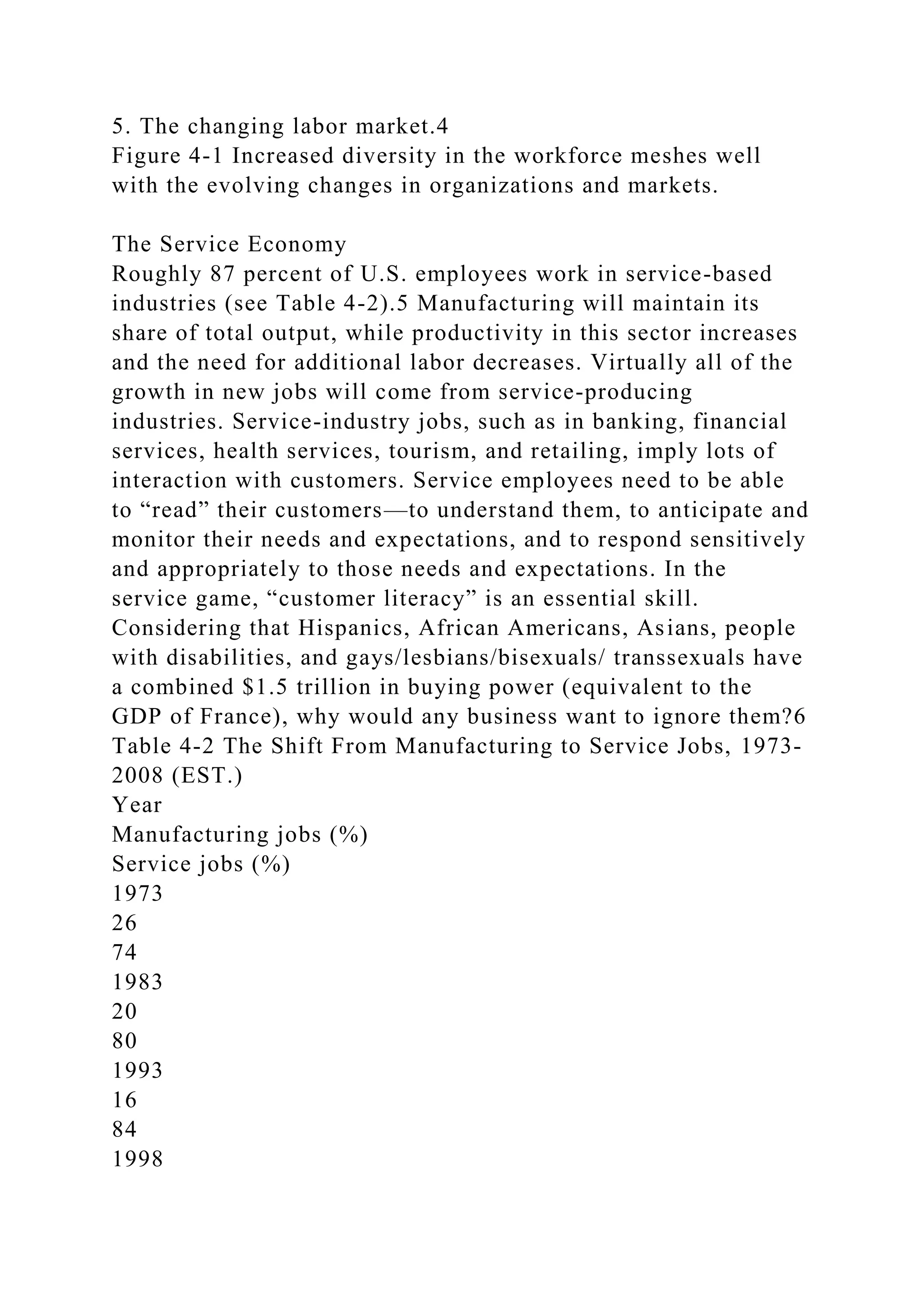 5. The changing labor market.4
Figure 4-1 Increased diversity in the workforce meshes well
with the evolving changes in organizations and markets.
The Service Economy
Roughly 87 percent of U.S. employees work in service-based
industries (see Table 4-2).5 Manufacturing will maintain its
share of total output, while productivity in this sector increases
and the need for additional labor decreases. Virtually all of the
growth in new jobs will come from service-producing
industries. Service-industry jobs, such as in banking, financial
services, health services, tourism, and retailing, imply lots of
interaction with customers. Service employees need to be able
to “read” their customers—to understand them, to anticipate and
monitor their needs and expectations, and to respond sensitively
and appropriately to those needs and expectations. In the
service game, “customer literacy” is an essential skill.
Considering that Hispanics, African Americans, Asians, people
with disabilities, and gays/lesbians/bisexuals/ transsexuals have
a combined $1.5 trillion in buying power (equivalent to the
GDP of France), why would any business want to ignore them?6
Table 4-2 The Shift From Manufacturing to Service Jobs, 1973-
2008 (EST.)
Year
Manufacturing jobs (%)
Service jobs (%)
1973
26
74
1983
20
80
1993
16
84
1998
 