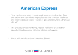 American Express
• “You can have as many diverse employees as possible, but if we
don’t have a culture where employees feel that they can speak up
and their voices are heard, you’re not going to really take advantage
of that.”
• The groups provide mentoring, “speed networking,” and other
opportunities to connect with like-minded colleagues.
• Helps with recruitment and retention of talent
 