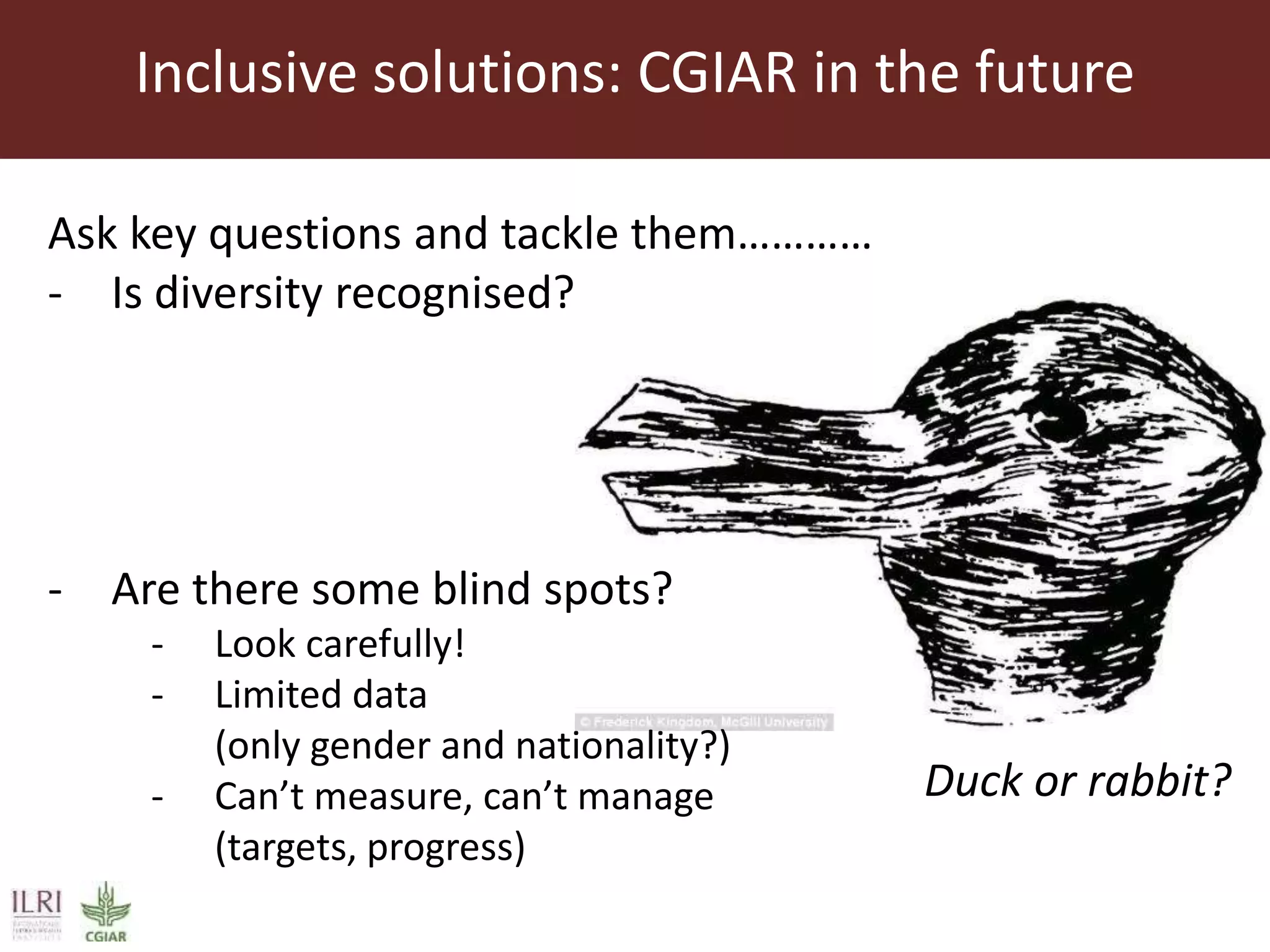 Inclusive solutions: CGIAR in the future
Ask key questions and tackle them…………
- Is diversity recognised?
- Are there some blind spots?
- Look carefully!
- Limited data
(only gender and nationality?)
- Can’t measure, can’t manage
(targets, progress)
Duck or rabbit?
 