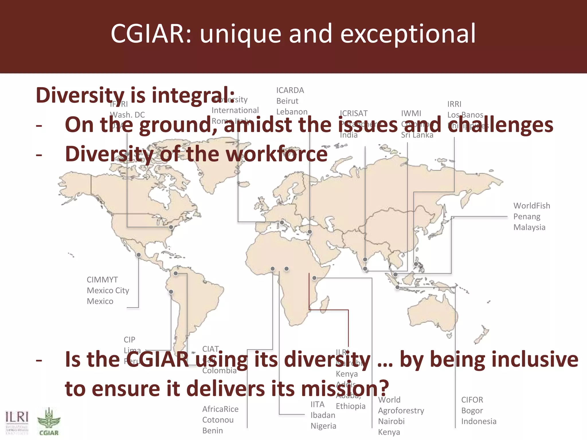 CIMMYT
Mexico City
Mexico
IFPRI
Wash. DC
USA
CIP
Lima
Peru
CIAT
Cali
Colombia
Bioversity
International
Rome Italy
AfricaRice
Cotonou
Benin
IITA
Ibadan
Nigeria
ILRI
Nairobi
Kenya
Addis
Ababa,
Ethiopia
World
Agroforestry
Nairobi
Kenya
ICARDA
Beirut
Lebanon ICRISAT
Patancheru
India
IWMI
Colombo
Sri Lanka
IRRI
Los Banos
Phillippines
WorldFish
Penang
Malaysia
CIFOR
Bogor
Indonesia
CGIAR: unique and exceptional
Diversity is integral:
- On the ground, amidst the issues and challenges
- Diversity of the workforce
- Is the CGIAR using its diversity … by being inclusive
to ensure it delivers its mission?
 