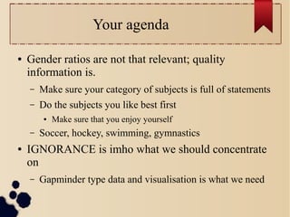 Your agenda
●

Gender ratios are not that relevant; quality
information is.
–

Make sure your category of subjects is full of statements

–

Do the subjects you like best first
●

–
●

Make sure that you enjoy yourself

Soccer, hockey, swimming, gymnastics

IGNORANCE is imho what we should concentrate
on
–

Gapminder type data and visualisation is what we need

 