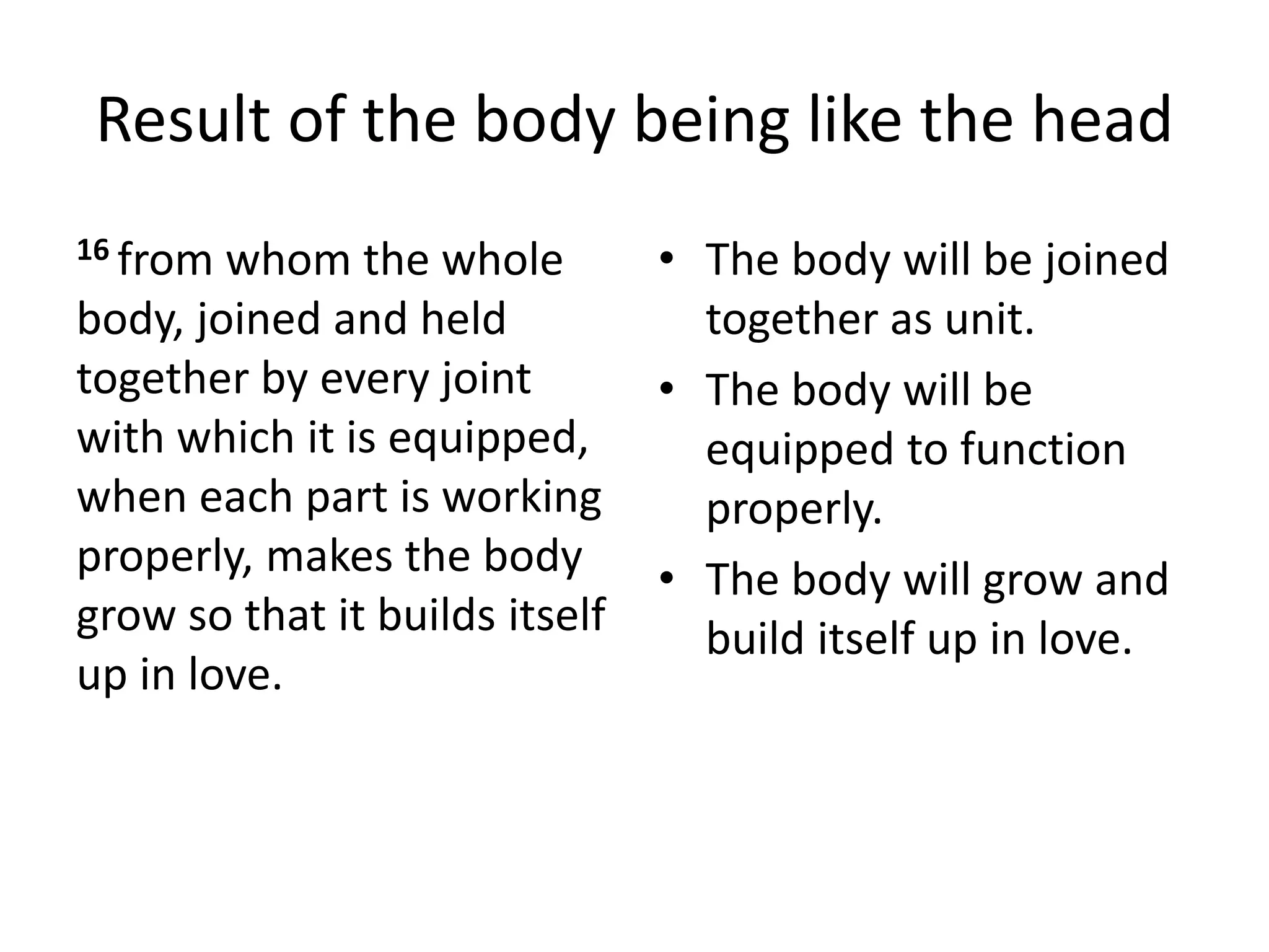 Result of the body being like the head
16 from whom the whole
body, joined and held
together by every joint
with which it is equipped,
when each part is working
properly, makes the body
grow so that it builds itself
up in love.
• The body will be joined
together as unit.
• The body will be
equipped to function
properly.
• The body will grow and
build itself up in love.
 