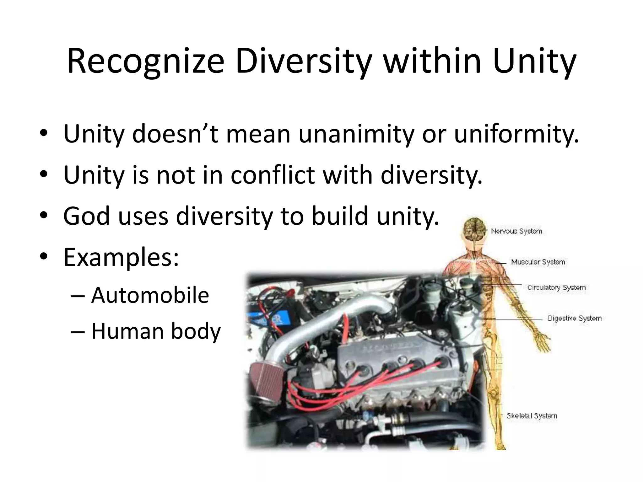 Recognize Diversity within Unity
• Unity doesn’t mean unanimity or uniformity.
• Unity is not in conflict with diversity.
• God uses diversity to build unity.
• Examples:
– Automobile
– Human body
 