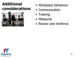 • Workplace behaviour 
• Communication 
• Training 
• Measures 
• Review and reinforce 
23 
Additional 
considerations 
 