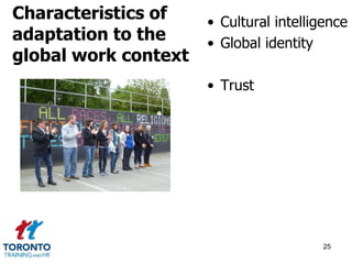 • Cultural intelligence 
• Global identity 
• Trust 
25 
Characteristics of 
adaptation to the 
global work context 
 