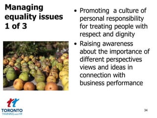 • Promoting a culture of 
personal responsibility 
for treating people with 
respect and dignity 
• Raising awareness 
about the importance of 
different perspectives 
views and ideas in 
connection with 
business performance 
34 
Managing 
equality issues 
1 of 3 
 