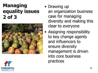• Drawing up 
an organization business 
case for managing 
diversity and making this 
clear to everyone 
• Assigning responsibility 
to key change agents 
and influencers to 
ensure diversity 
management is driven 
into core business 
practices 
35 
Managing 
equality issues 
2 of 3 
 